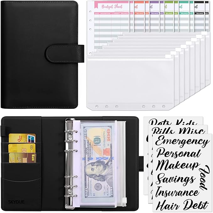SKYDUE Budget Binder with Cash Envelopes & Expense Budget Sheets,Money Organizer for Cash,Budget Planner with 8 Pcs Cash Envelopes for Budge