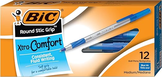 BIC Round Stic Grip Xtra Comfort Ball Pen 1.2 mm Medium Point Blue 12 Count