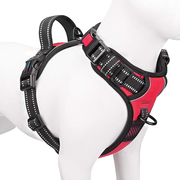 PHOEPET No Pull Dog Harness Medium Reflective Front Clip Vest with Handle,Adjustable 2 Metal Rings 3 Buckles[Easy to Put on & Take Off](M, R