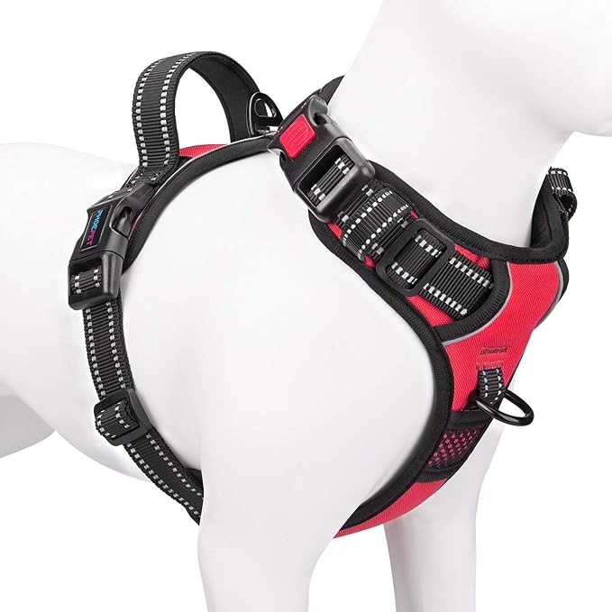 PHOEPET No Pull Dog Harness Medium Reflective Front Clip Vest with Handle,Adjustable 2 Metal Rings 3 Buckles[Easy to Put on & Take Off](M, R