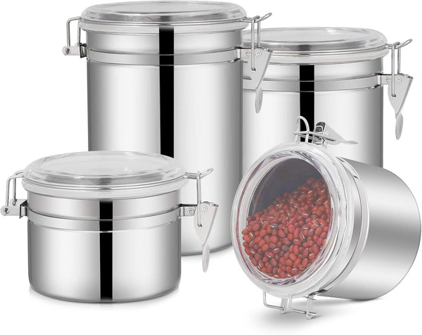 4-Piece Stainless Steel Airtight Canister Set, Food Storage Container Jars for Kitchen Counter, Flour Coffee Bean Tea Cereal Sugar Cookie St