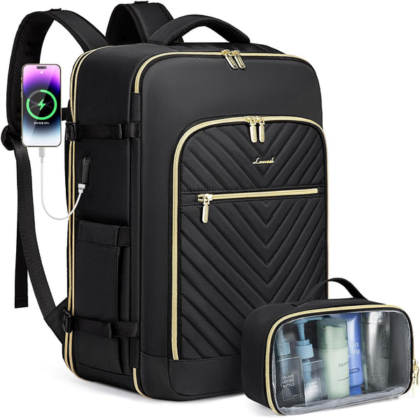 حقيبة ظهر للسفر من LOVEVOOK للنساء حقيبة ظهر للأمتعة اليدوية قابلة للتوسيع مع حقيبة أدوات الزينة، أسود، للعطلات 