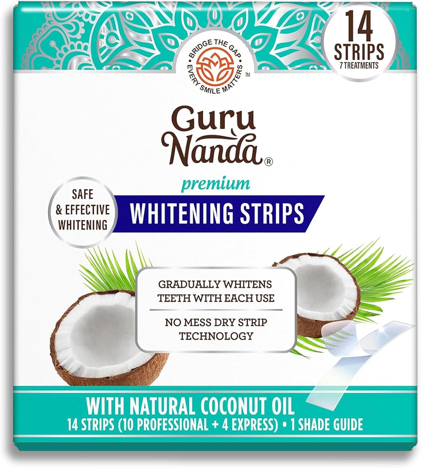 GuruNanda Express Whitening Strips Ÿ?? Natural Coconut Oil, Enamel Safe, 14 Strips