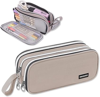 COLOCASTLE Large Pencil Case 3 Compartments Gray for School Office Girls Boys Teens