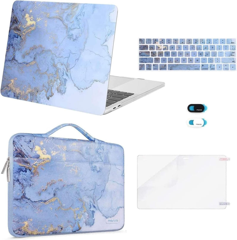 حافظة MOSISO متوافقة مع جهاز MacBook Pro 13 بوصة 2023-2016 M2 M1 A2338 A2251 A2289 A2159 A1989 A1708 A1706، حافظة صلبة رخامية بلاستيكية بألوان مائية وحقيبة ولوحة مفاتيح وغطاء لكاميرا الويب وواقي شاشة، أزرق 