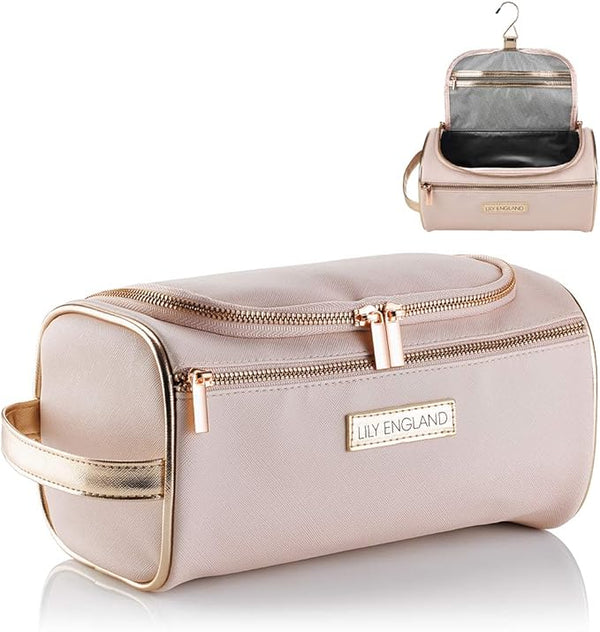 Hanging Toiletry Bag for Women - Large Travel Wash Bag/ Makeup Bag with Insulated Cool Lining by Lily England (Pink/ Rose Gold)