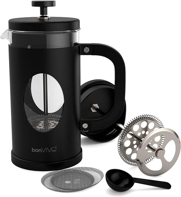 BonVivo® GAZETARO Designer Coffee Maker and French Press Coffee Maker, Glass Coffee Pot with Stainless Steel Frame & Stainless Steel Filter