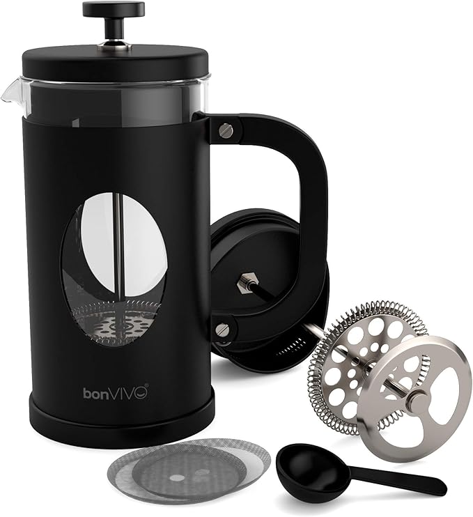 BonVivo® GAZETARO Designer Coffee Maker and French Press Coffee Maker, Glass Coffee Pot with Stainless Steel Frame & Stainless Steel Filter