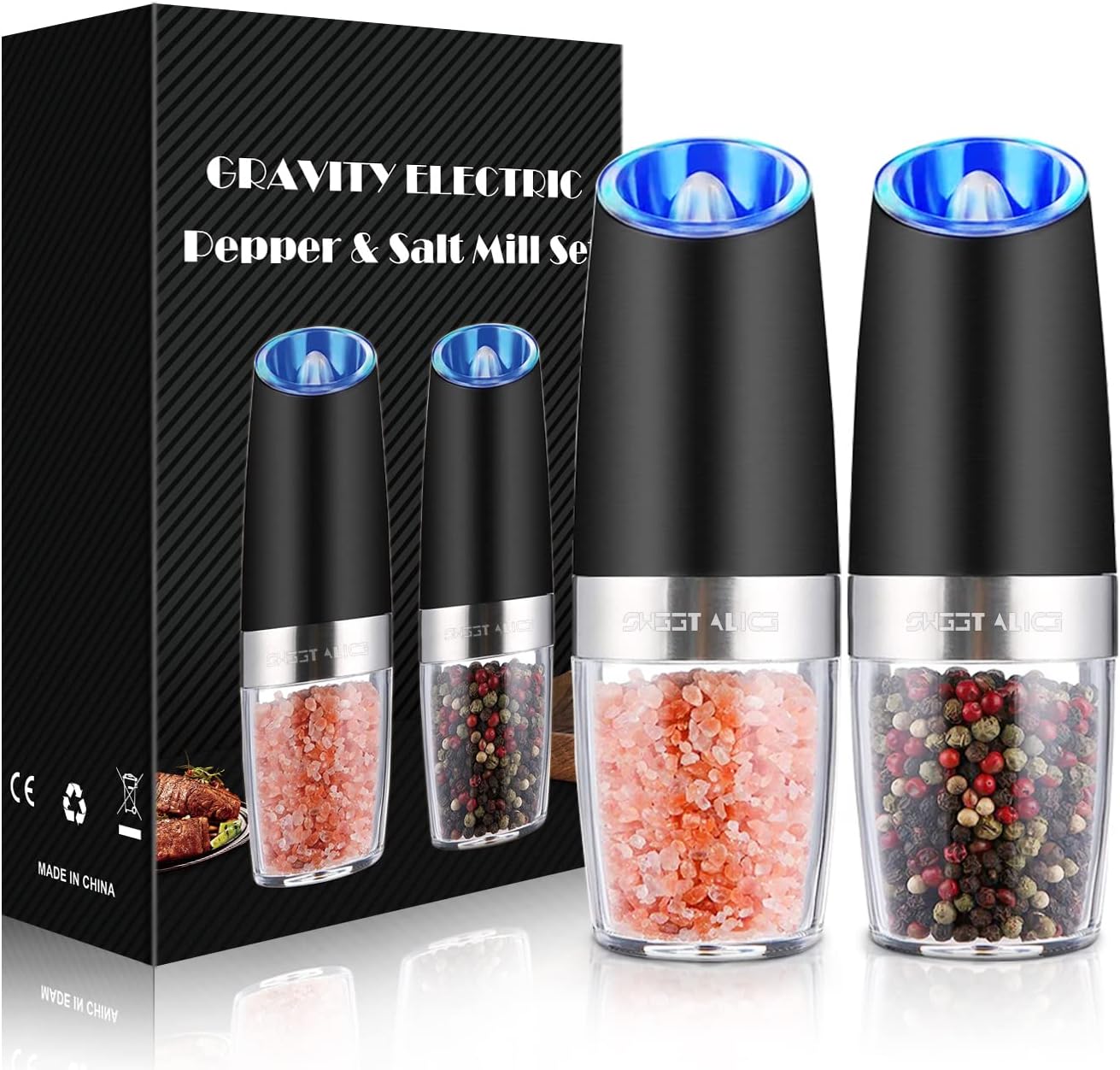 Gravity Electric Salt & Pepper Grinder Set Ÿ?? 2 Pack, One-Hand Operation, Adjustable, LED Light, Black Stainless Steel
