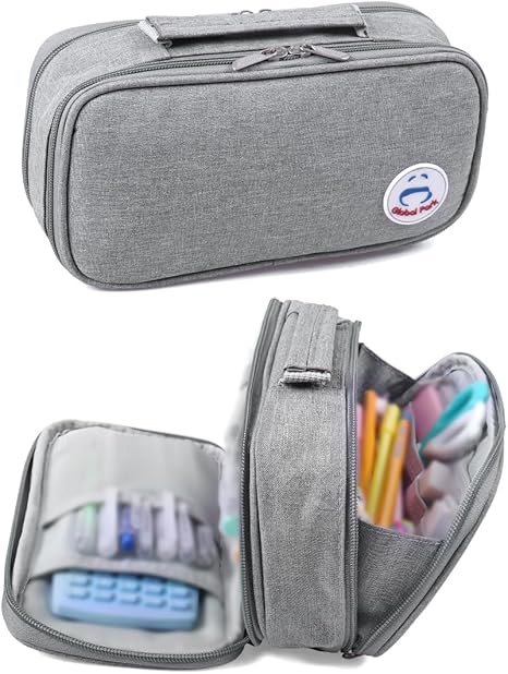 Pencil Case Big Capacity Handle Desk Organizer Double Zippers Makeup Cosmetic Bag