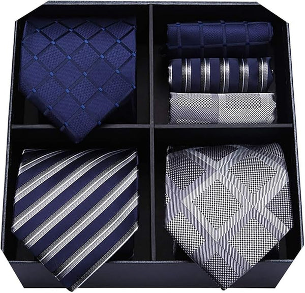 HISDERN Lot 3 PCS Classic Elegant Men's Silk Tie Set Necktie & Pocket Square - Multiple Set, 01td-02, One size