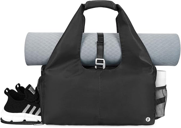 Gym Bag Womens with Shoes Compartment and Wet Pocket Yoga Mat Bag Large with Adjustable Mat Strap Weekend Overnight Tote, Black, L