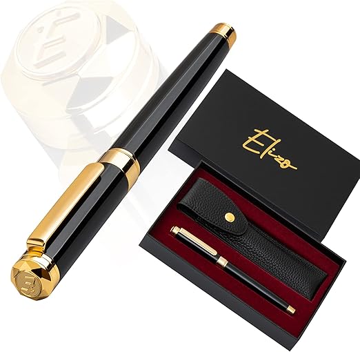 Elizo Luxury Pen Fancy Pens Real 24K Gold Plated Trim Leather Pen Case Nice Pen Gift Set Rollerball Schmidt Ink Refill Cool Pens Best Pens C