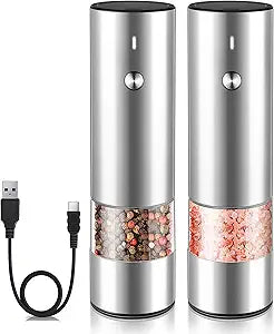 Electric Salt and Pepper Grinder Set - USB Rechargeable - Durable Modern Style - Automatic Black Peppercorn & Sea Salt Spice Mill Set with A
