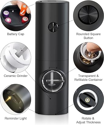 COKUNST Electric Pepper and Salt Grinder Set, Battery Powered Adjustable 5 Levels of Coarseness Black Pepper Grinder Mill with Stand, Automa