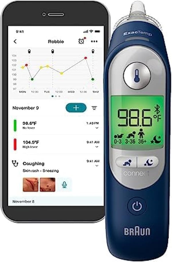 مقياس حرارة الأذن الرقمي Braun ThermoScan 7+ Connect - متوافق مع تطبيق Family Care، وتقنية Age Precision، وشاشة رقمية ملونة، والعلامة التجارية رقم 1 الموصى بها من قبل أطباء الأطفال، ومؤهل لـ FSA وHSA 