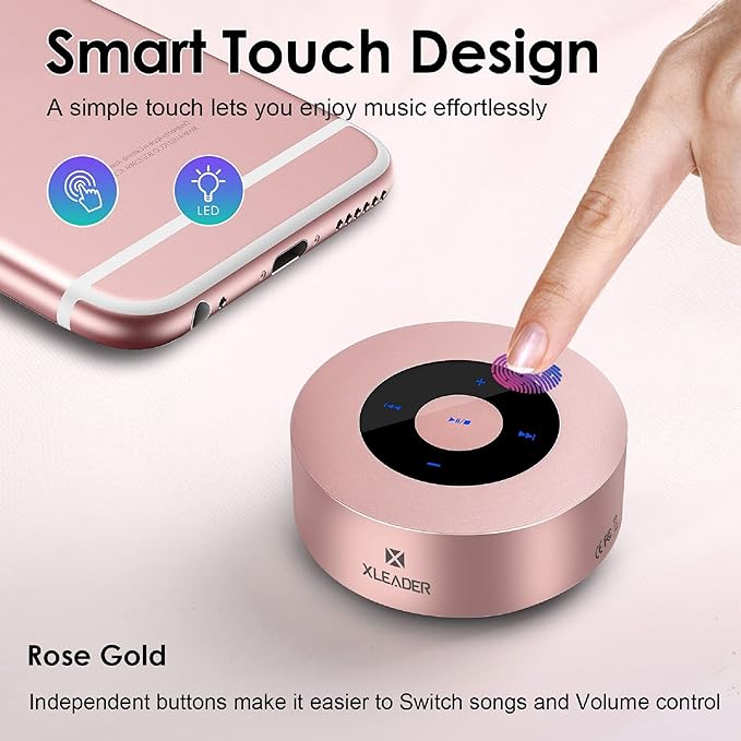 Xleader,Upgraded,Smart Touch Portable Speakers Wireless Bluetooth,Premium Rose Gold Mini Small Speaker with (Waterproof Case) Mic TF Aux for iPhone Tablet, Electronics Gifts for Girls Women Holiday