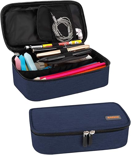 Ragzan Large Size Pencil Case Bag, Stationery Holder, Desk Organiser with Zip, for School and Office Supplies, blue