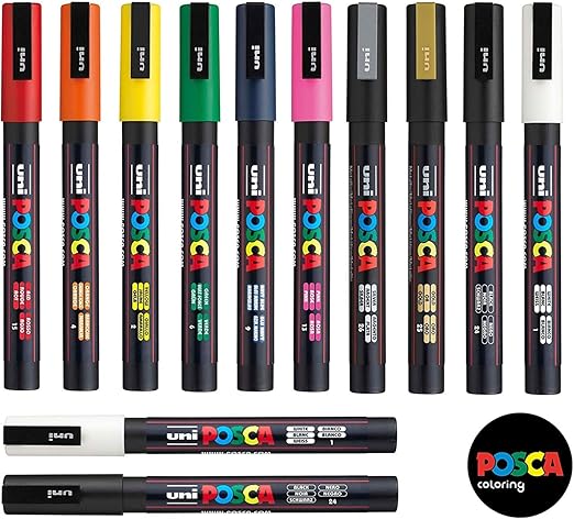 Posca PC-3M Paint Pen Art Marker Pen - Professional 12 Pen Set - Extra Black + White