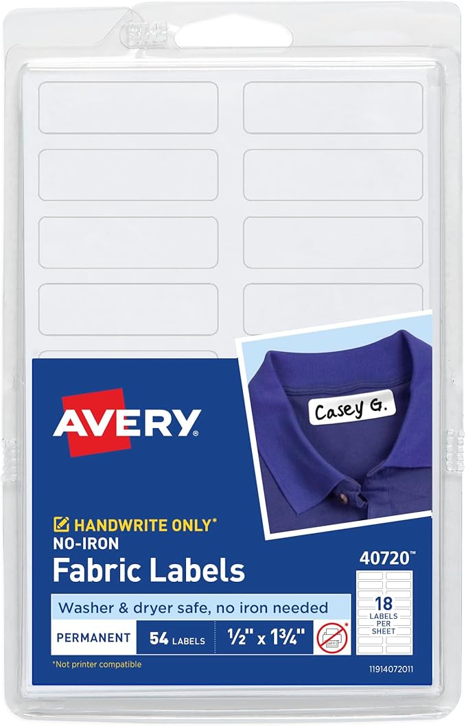 Avery No-Iron Fabric Labels, Washer & Dryer Safe, Handwrite, 1/2" x 1-3/4" Pack of 54 (40720)