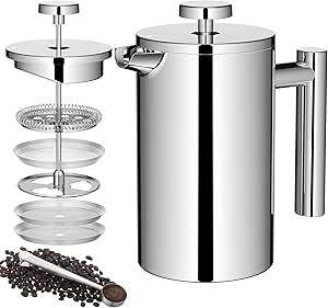 MeelioCafe C0ffee Press French Press Stainless Steel 0.65 Litres (3 Cups), French Press Thermo, Coffee Press Small 650 ml, Coffee Maker Doub