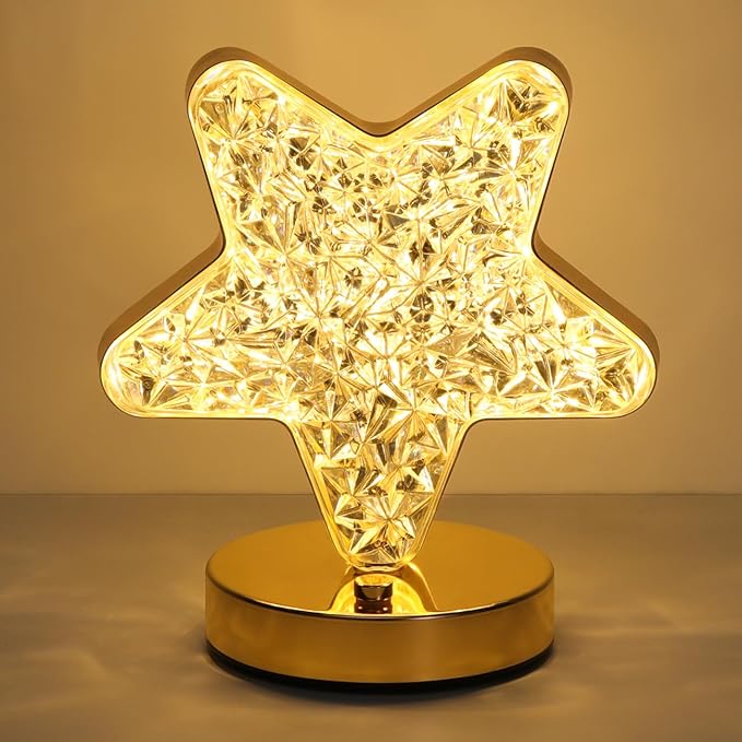 Lewondr Star Table Lamp, Continuously Dimmable LED Lamp with 3 Colours, Rechargeable Bedside Lamp with USB Connection, Crystal Star Light, T