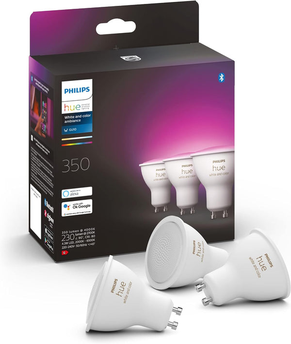 Philips Hue White & Colour Ambiance Smart Spotlight 3 Pack LED [GU10 Spotlight] - 350 Lumens (50W Equivalent). Compatible with Alexa, Google Assistant and Apple Homekit