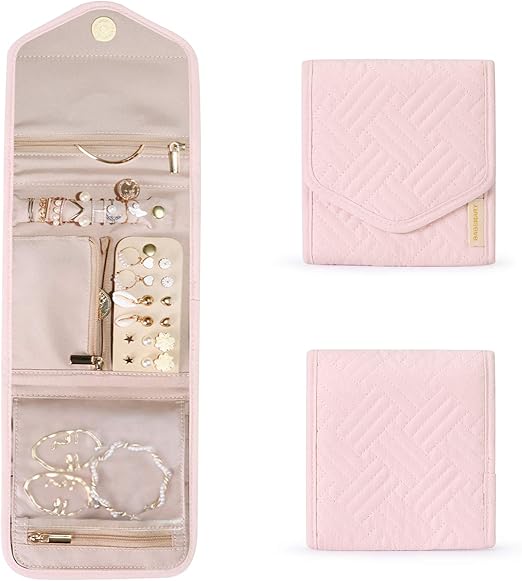 BAGSMART Travel Jewelry Organizer Case Ÿ?? 15cm Foldable Mini Jewelry Roll Bag in Light Pink