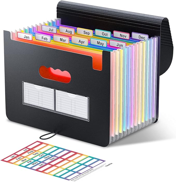 ThinkTex Accordion File Organizer 12 Pockets Expanding File Folder Portable Monthly Bill Receipt Organizer Letter A4 with Colorful Tabs