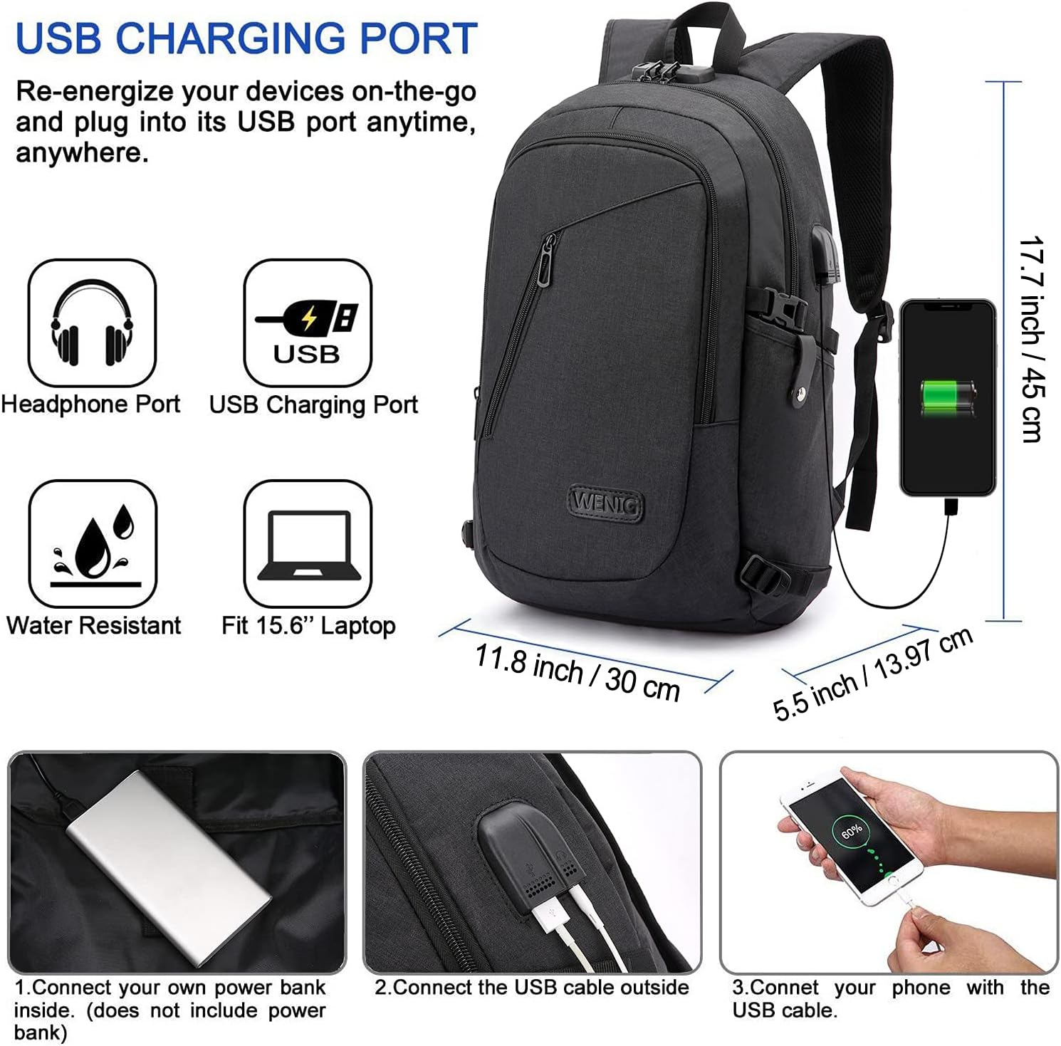 Anti Theft Laptop Backpack 43 cm with USB Charging Port Lock Water Resistant Business Travel Rucksack