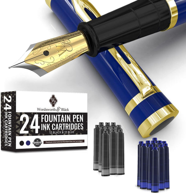 Wordsworth & Black Fountain Pen Set, 18K Gilded Medium Nib, Includes 24 Pack Ink Cartridges, Ink Refill Converter & Gift Pouch, Gold Finish,