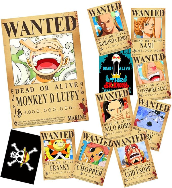 7 PCS Anime One Piece Wanted Bounty Posters, New Edition Nika Luffy, Law, Kid 3 Billion, New Four Emperors 38×27cm (15×11in)