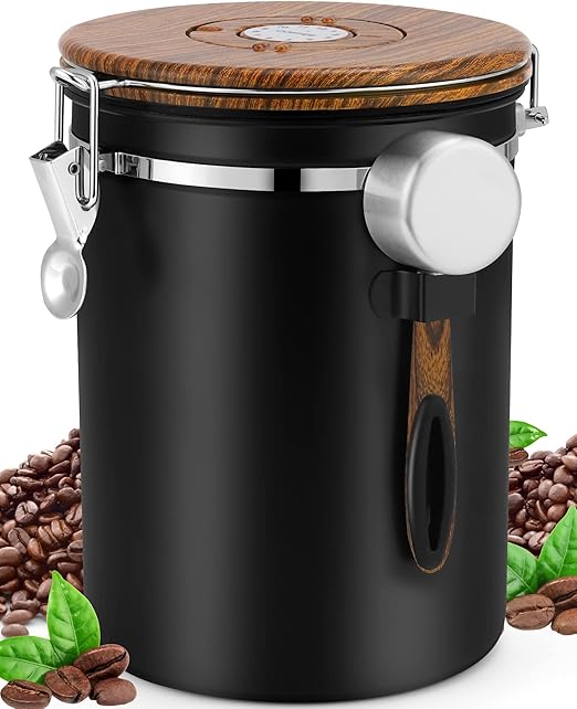 ZWOOS Coffee Canister Airtight 1 kg Beans - Coffee Bean Container Made of Stainless Steel with Measuring Spoon Lid Made of Wood Grain (Not W