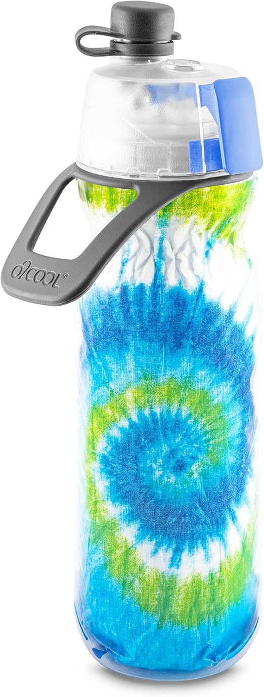 O2COOL Mist 'N Sip Misting Water Bottle 2-in-1 Mist And Sip Function With No Leak Pull Top Spout (Tie Dye Blue)
