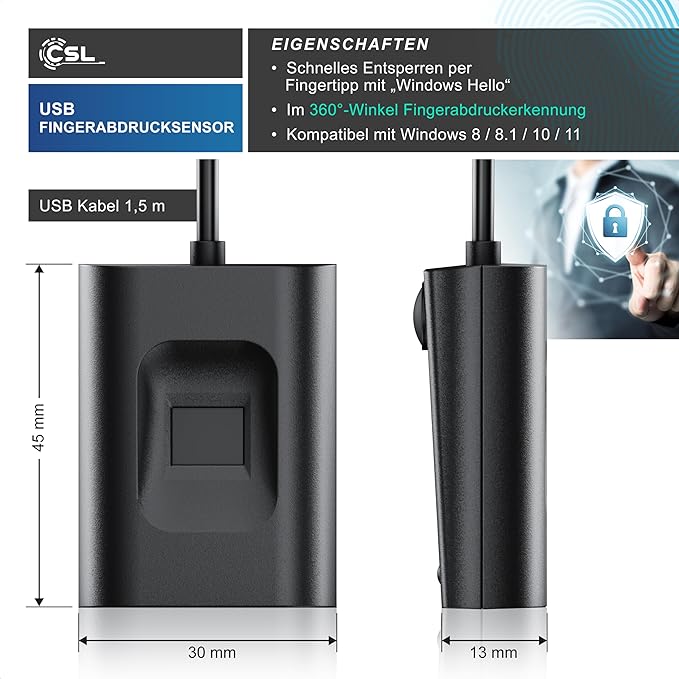 CSL-Computer CSL - USB Fingerprint Sensor - Fingerprint Key - Up to 10 IDs - Windows 8 - 11 - Supports up to 10 IDs - Plug & Play - All-round Detection