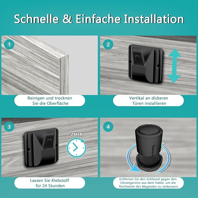قفل خزانة مغناطيسي من نورجوز، أقفال أمان للأطفال غير مرئية، عبوة من 8 قطع مع مفتاحين مغناطيسيين، لا حاجة للثقب، أسود