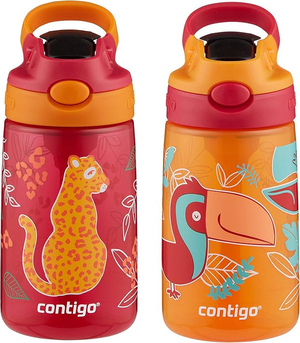 Contigo Aubrey Kids Cleanable Water Bottle with Silicone Straw and Spill-Proof Lid, Dishwasher Safe, 14oz 2-Pack, Cheetah & Toucans