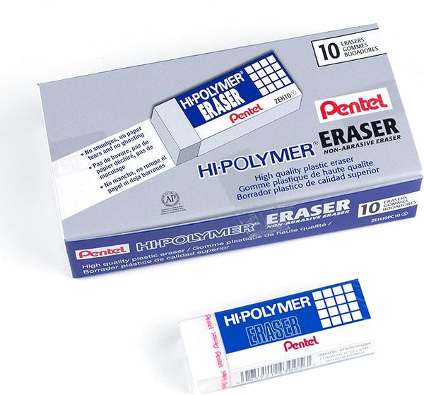 Pentel Hi-Polymer Block Eraser, Large, White, Pack of 10 ZEH-10 Erasers (ZEH10PC10)