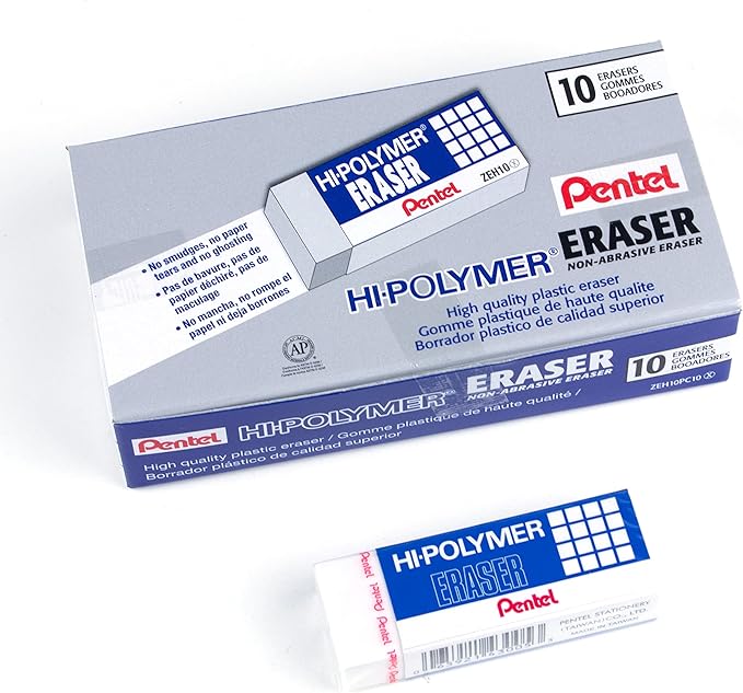 Pentel Hi-Polymer Block Eraser, Large, White, Pack of 10 ZEH-10 Erasers (ZEH10PC10)