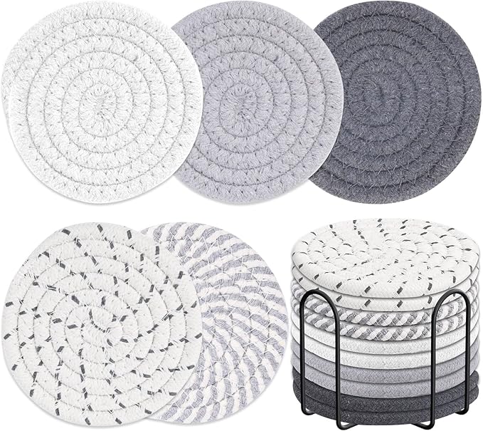 10 Pieces Coasters for Drink Absorbent, 5 Colors Drink Coasters with Holder, Woven Coasters Set for Coffee Table, Wooden Table Decor, Home D