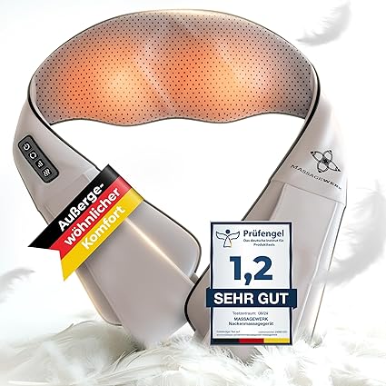 MASSAGEWERK® Shiatsu Neck and Back Massager | Electric Neck Massager with Heat Function | Ergonomic, Ideal for Relieving Muscle Tension and Pain (Grey)