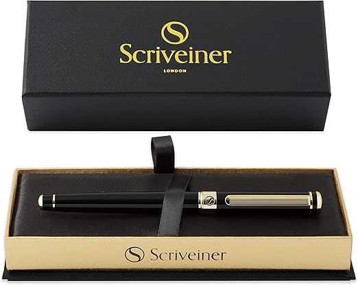 Scriveiner black lacquer rollerball pen - stunning luxury pen with 24k gold finish, schmidt ink refill, best roller ball pen gift set for me