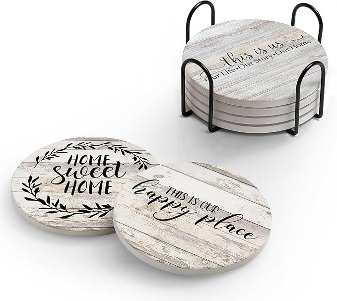 Coasters for Home Decor, Set of 6 Absorbent Drink Coasters with Holder, Farmhouse Style Ceramic Drink Coasters with Cork Backing for Table P