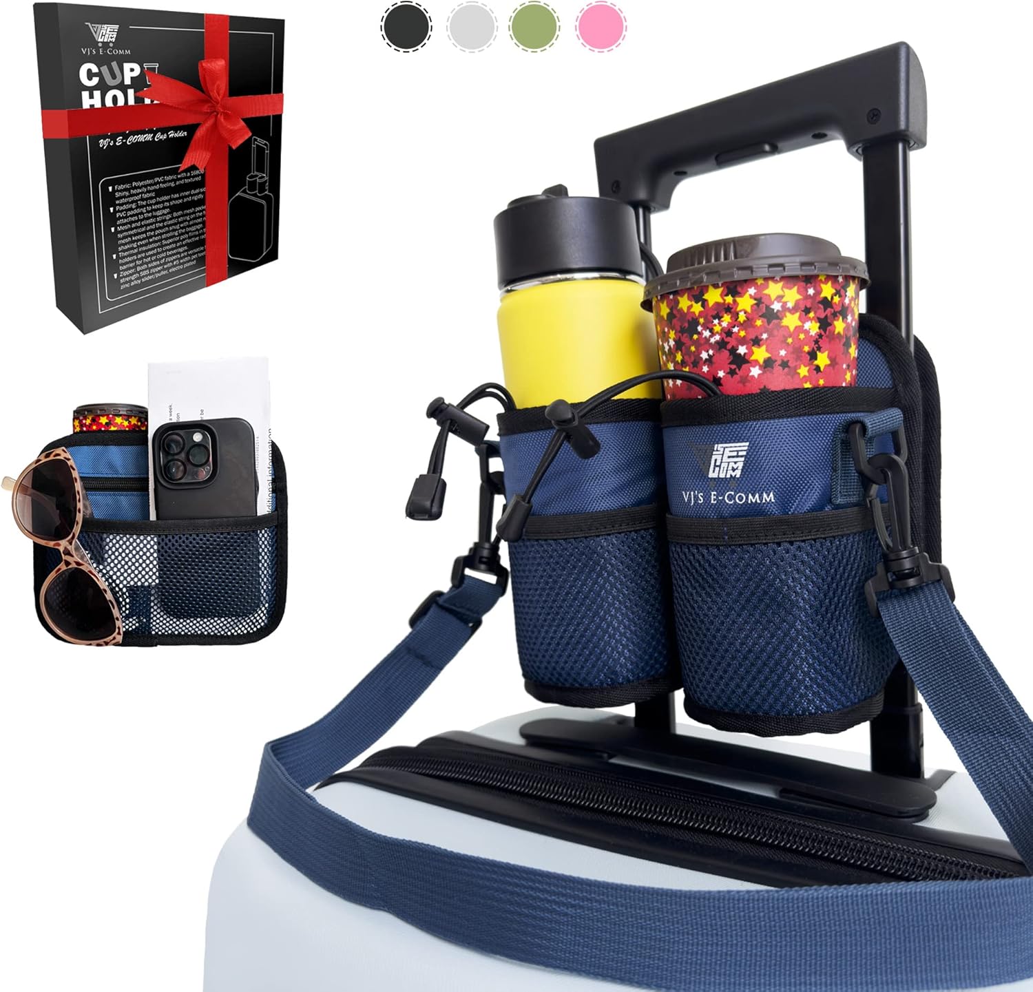 Travel Cup Holder for Luggage,Drink,Walker,Wheel Chair,Stroller,Coffee Caddy-2 Thermal Mug-2 Pocket-Strap-Traveler Accessories-Fits Rollon U