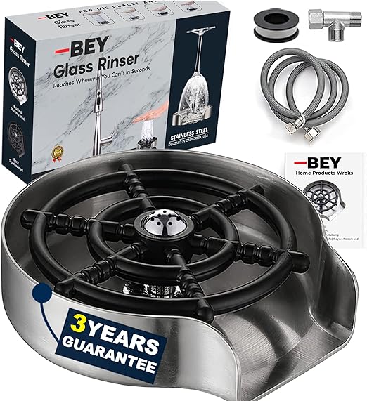 BEY Glass Rinser for Kitchen Sink, Metal Glass Washer for Sink, Glass Cleaner Sink Attachment - Bottle Washer Cup Rinser for Sink, Stainless