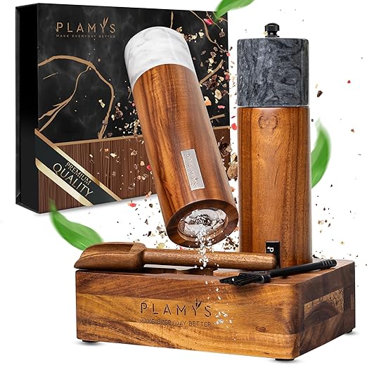 PLAMYS Salt and Pepper Mill Set Made of Acacia Wood and Marble with Saucer, Wooden Spoon, Cleaning Brush, Spice Mills with Steel and Ceramic