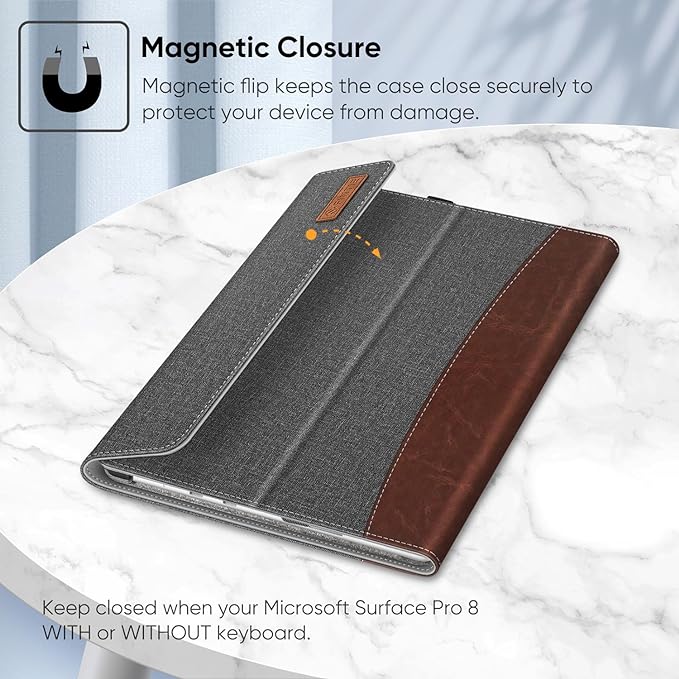 Fintie Case for 13 Inch Microsoft Surface Pro 8 (2021 Release) - Multiple Angle Viewing Portfolio Business Cover with Pocket and Stylus Holder, Compatible with Type Cover Keyboard, Gray/Brown