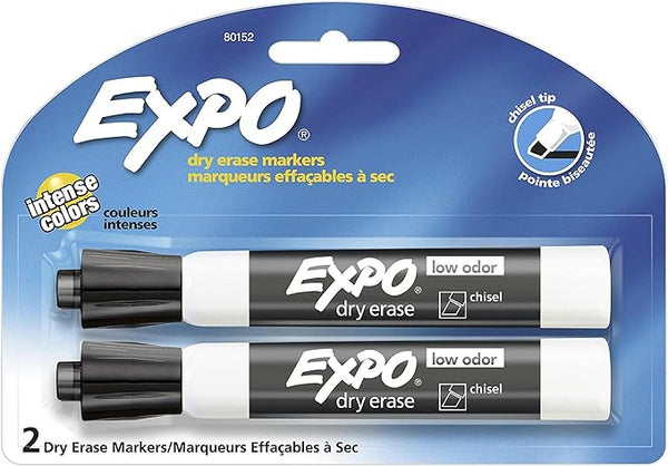 EXPO Low Odor Dry Erase Markers, Chisel Tip, Black, 2 Pack