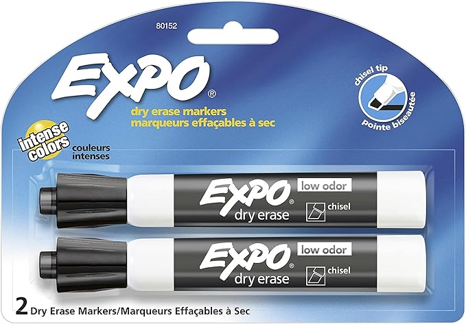 EXPO Low Odor Dry Erase Markers, Chisel Tip, Black, 2 Pack