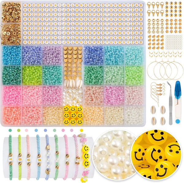 RUBY 12000 Pieces 3 mm Beads for Threading 24 Colours Beads Set, Glass Beads for Making Yourself, with Smiley and Letter Beads Charm Kit for